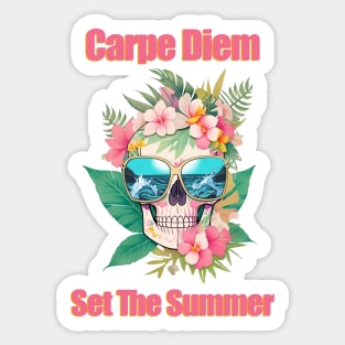 Tropical skull head with and cute sunglasses, cool beach, leaves and flowers Sticker